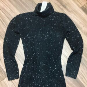 Impressions Black Sparkle Ribbed Turtleneck Maxi Dress Slit Size S